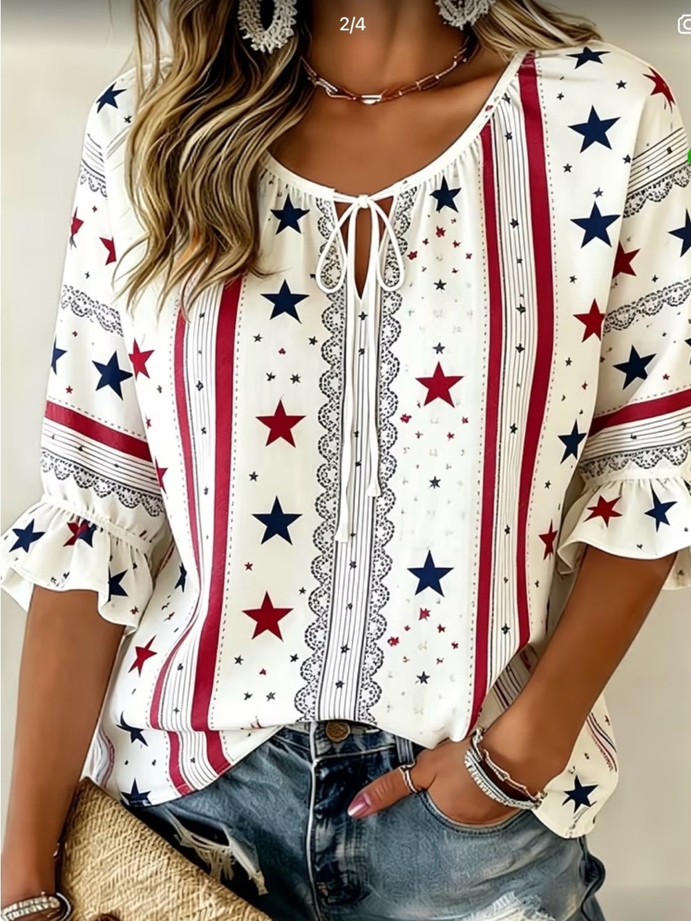 Sleeved Tie-Front Star & Stripe Tunic Top - White with Red & Navy